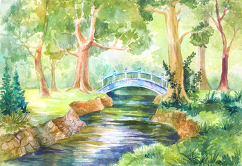 Forest landscape watercolor. bridge across the river. Walk  nature. illustration for background, wallpaper, paper or cover. Travel, travel, rest, picnic in the forest.