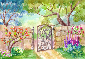 Watercolor landscape, The gate to the garden. A sunny day, a garden with flowers, a flower garden. Fruit trees. Painting, painting or illustration, suitable for the cover  notebook Poster, 