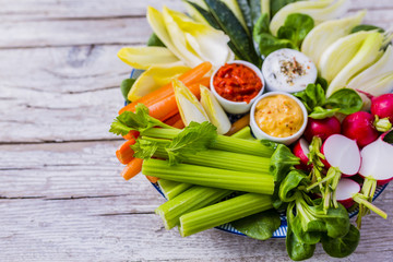 Fresh and raw vegetables. Italian food pinzimonio. Healthy and vegetarian appetizer.
