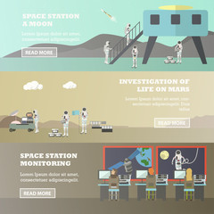 Vector set of space exploration horizontal banners in flat style. © skypicsstudio