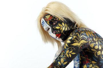 body art young beautiful girl in style hohloma
