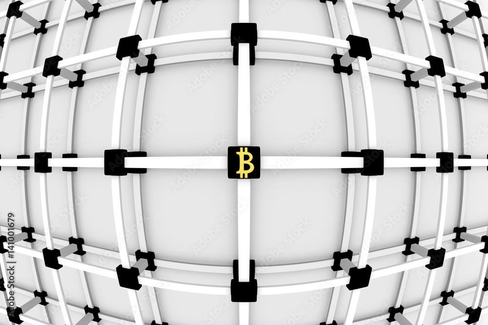 Aufkleber block chain in the form of a lattice with a bitcoin 3d illustration
