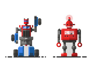 Cute vintage robot technology machine future science toy and cyborg futuristic design robotic element icon character vector illustration.