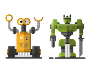 Cute vintage robot technology machine future science toy and cyborg futuristic design robotic element icon character vector illustration.