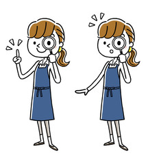 エプロン姿の女性：調べる、虫眼鏡
