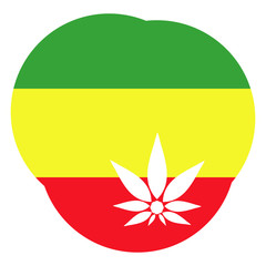 Fototapeta premium Abstract red yellow green background with white silhouettes of hemp in reggae style. A round icon with cannabis.