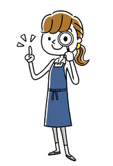 エプロン姿の女性：調べる、虫眼鏡
