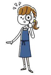 Fototapeta premium エプロン姿の女性：調べる、虫眼鏡 