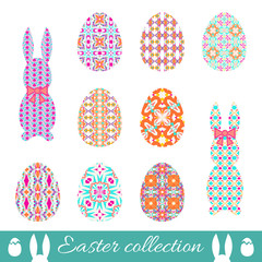 Set of vector easter eggs and bunnies with spring ornament. Collection of decorative elements with bright patterns to Easter