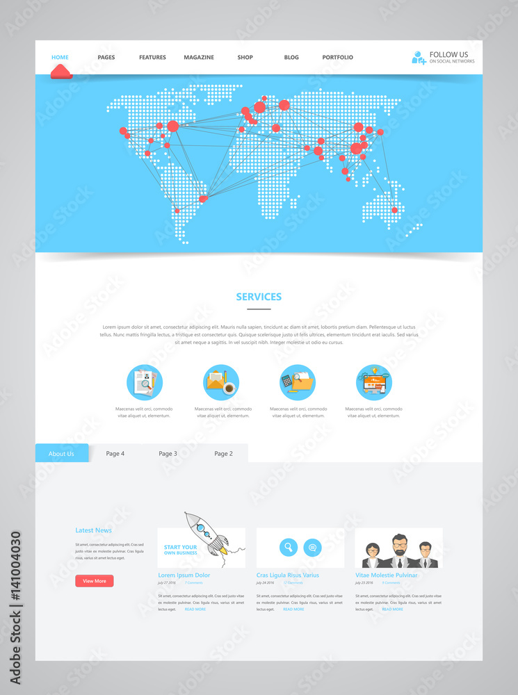 Poster clean modern website interface template with earth map header, vector illustration.