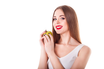 Beautiful model girl holding green apple
, on white background isolate, diet and healthy lifestyle