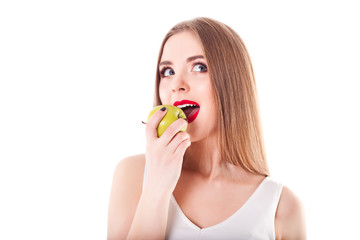 Beautiful model girl holding green apple
, on white background isolate, diet and healthy lifestyle