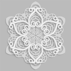 Lace 3D mandala,  round symmetrical openwork pattern,  decorative  snowflake, arabic ornament, decorative design element,  vector