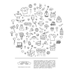 Hand drawn doodle Donation icons set. Vector illustration. Charity symbols collection Cartoon donate sketch elements: blood donation, box, heart, money jar, care, help, gift, giving hand, fund raising