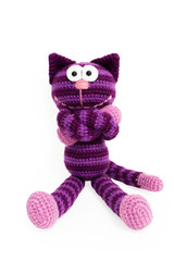Knitted toy - striped sitting cat..