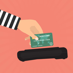 Hacker theft hand holding a credit card fraud for paying with credit card reader. Vector illustration business data privacy concept.