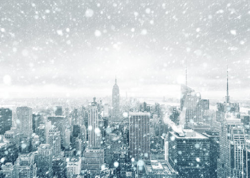 New York City skyline during a snowstorm