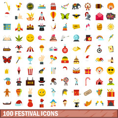 100 festival icons set, flat style