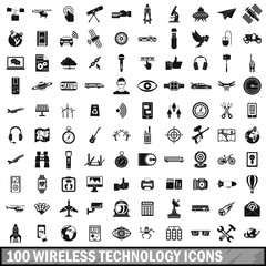 100 wireless technology icons set, simple style 