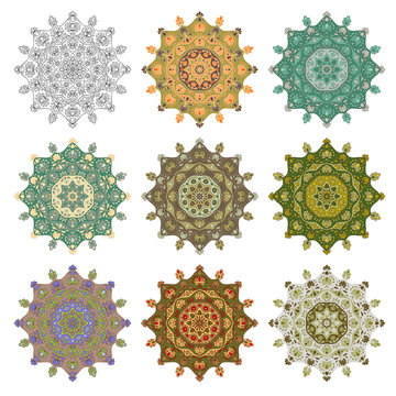 vector set mandala different color isolated on white background