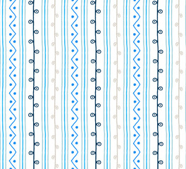 Seamless vector pattern. blue grey vertical twigs lines and zigzags with circles on white background. Hand drawn abstract branch illustration