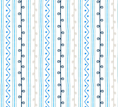 Seamless vector pattern. blue grey vertical twigs lines and zigzags with circles on white background. Hand drawn abstract branch illustration © Elizaveta Mukhina