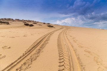 Fototapeta na wymiar Tire tracks on the sand