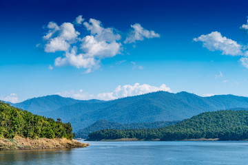 Lake with mountain and blue sky background