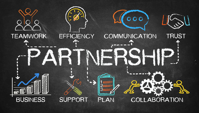 partnership chart with keywords and elements on blackboard