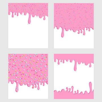 Pink donut glaze background set. Liquid sweet flow, tasty dessert topping with colorful stars and sprinkles. Ice cream drips. Vector illustration