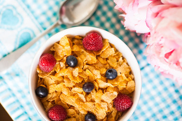 Bowl of Cornflakes with Fruit Served for Breakfast