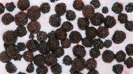 TOP VIEW: Ripe blackberries with milk