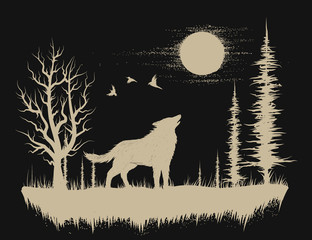 Naklejka premium Wolf in the strange forest.