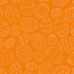 Easter seamless pattern. Hand drawn festive eggs vector texture on solid orange background. - 141012883