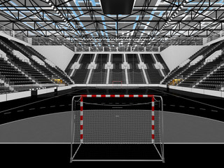 Beautiful sports arena for handball with black seats and VIP boxes