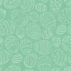 Easter seamless pattern. Hand drawn festive eggs vector texture on solid mint green background.