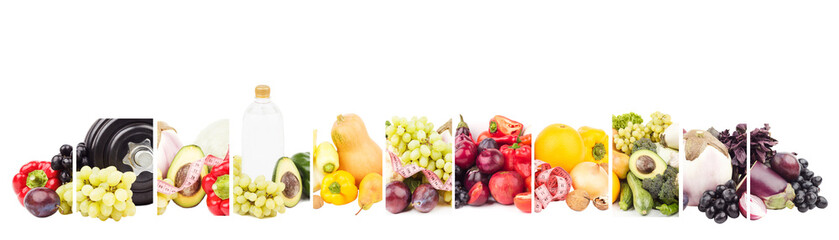 Different sets of fruits and vegetables, isolated