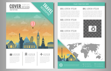 Travel brochure design with famous landmarks and world map. Template for Travel and Tourism Business concept. Vector