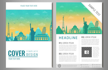 Obraz premium Travel brochure design with famous landmarks and world map. Template for Travel and Tourism Business concept. Vector