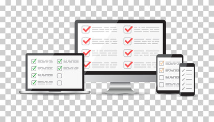 Online survey, checklist set. Tablet, computer, mobile blank screen. Feedback business concept. Flat vector illustration for web site, mobile app.
