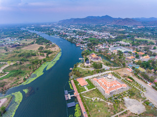 Fototapeta premium Aerial view of floating house on mount of river