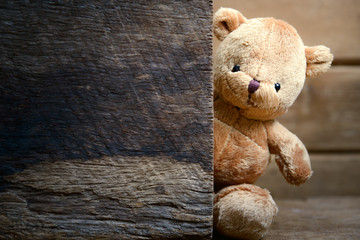 Bear doll on wood background