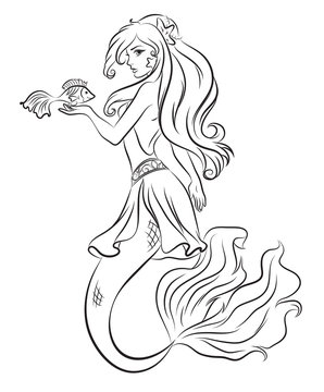 Coloring page - illustration. Mermaid holds a small fish in her hands