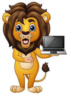 Funny lion cartoon presenting a laptop