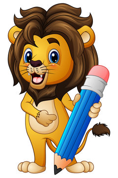 Cartoon lion holding a pencil