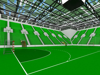 Beautiful sports arena for handball with green seats and VIP boxes - 3d render
