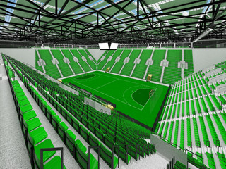 Fototapeta na wymiar Beautiful sports arena for handball with green seats and VIP boxes - 3d render