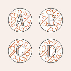 Decorative Initial Letters A, B, C, D. Luxury ornate monogram emblems in outline style. Vector illustration.