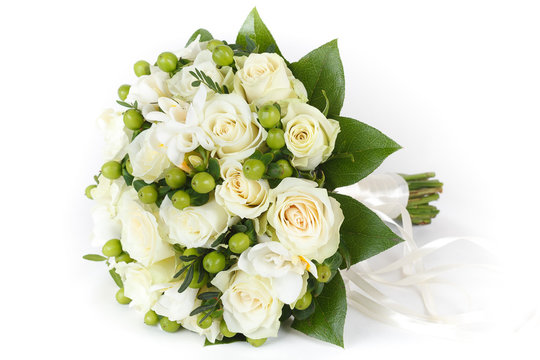 White roses and green hypericum bridal bouquet