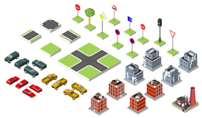 Set Isometric road and Vector Cars, Common road traffic regulatory, Building with a windows and air-conditioning. Vector illustration eps 10 isolated on white background.